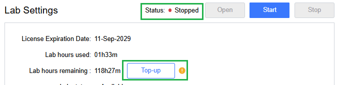 top-up button is only available when the lab status is stopped.